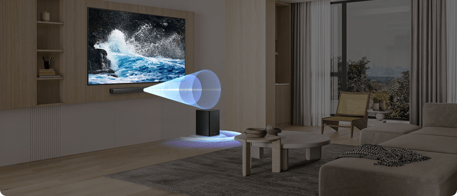 Ηχομπάρα και subwoofer που ενισχύουν τον ήχο ταινιών και σειρών στο σπίτι

