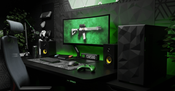 Gaming pc setup με οθόνη, μηχανικό πληκτρολόγιο, χειριστήριο Xbox type και gaming καρέκλα σε χώρο με φωτισμό LED σε πράσινη απόχρωση